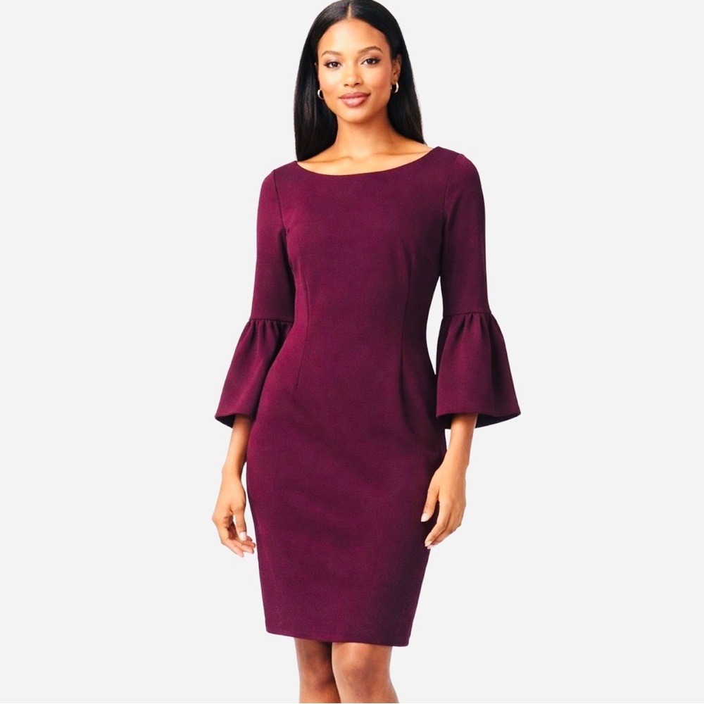Calvin Klein Plum Bell-Sleeve Sheath Dress Size 16 - Picture 2 of 12